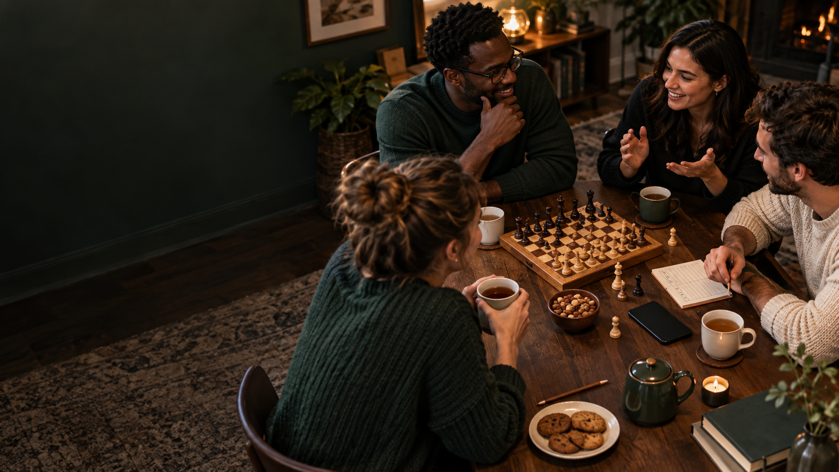 Friends gathered around a table for a game of chess